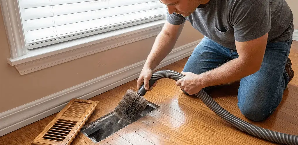 Air duct cleaning technician vacuuming a floor vent and duct opening in Detroit, MI