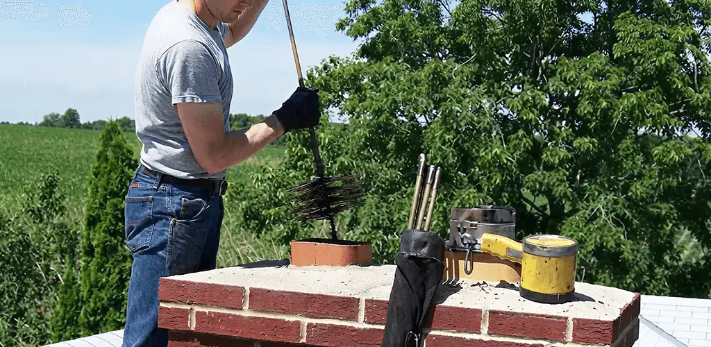 Chimney cleaning technician working on a rooftop chimney with professional tools in Detroit, MI