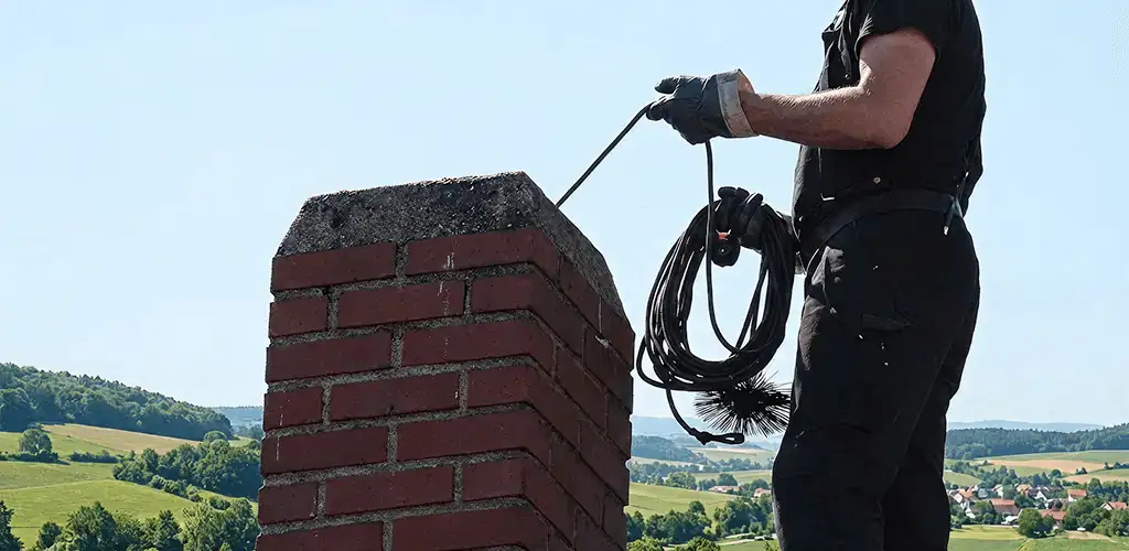 Chimney sweep inspecting and cleaning a rooftop chimney in Detroit, MI