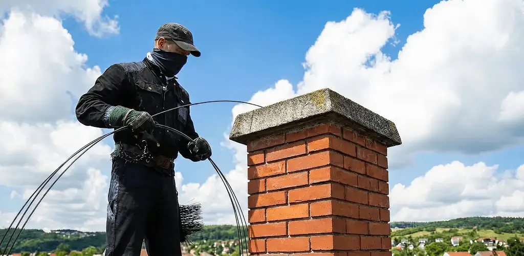 Chimney sweep cleaning a brick chimney with professional tools in Detroit, MI