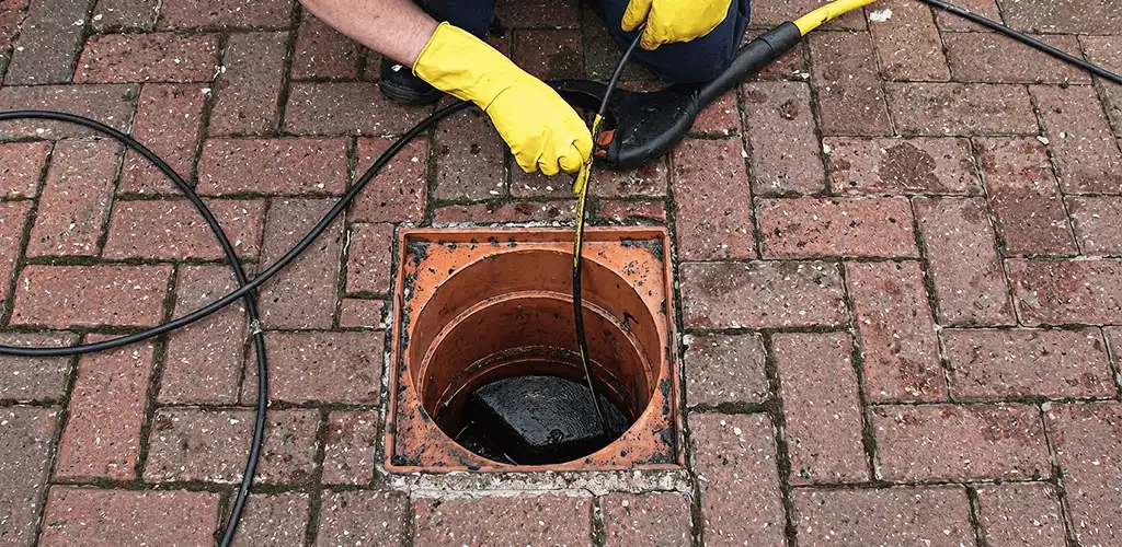 Drain cleaning technician using a drain snake to clear a clogged drain in Detroit, MI