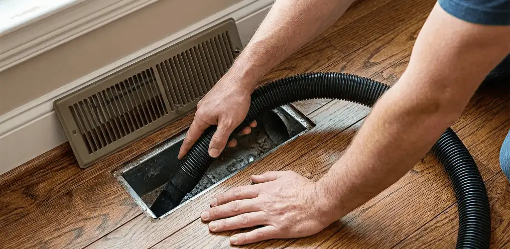 Air duct cleaning technician vacuuming a floor register and duct opening in Detroit, MI