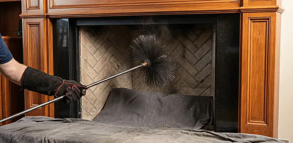 Chimney cleaning service brushing soot from a fireplace and flue in Detroit, MI