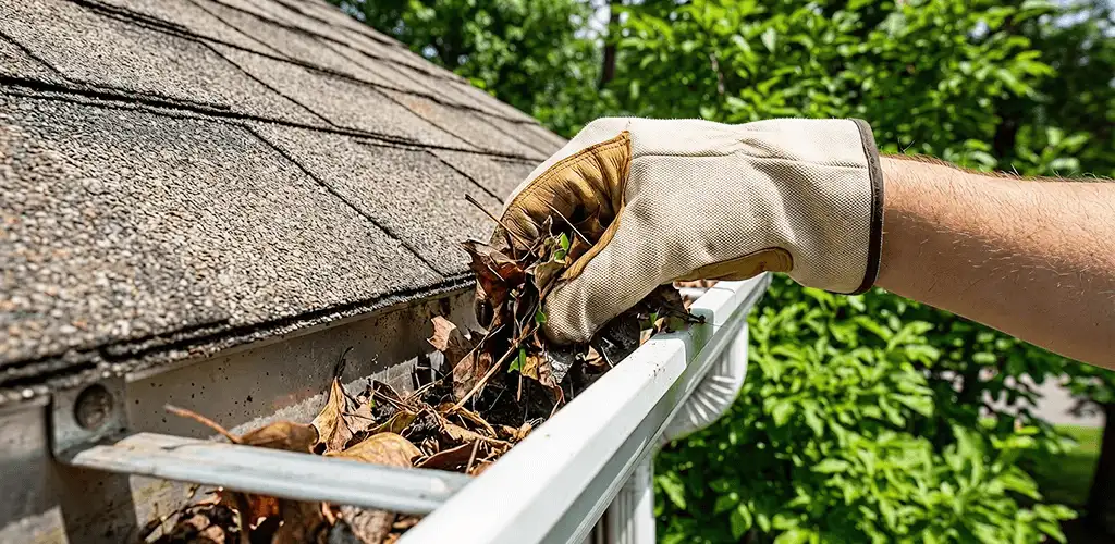 Gutter cleaning removing leaves and debris from roof gutters in Detroit, MI