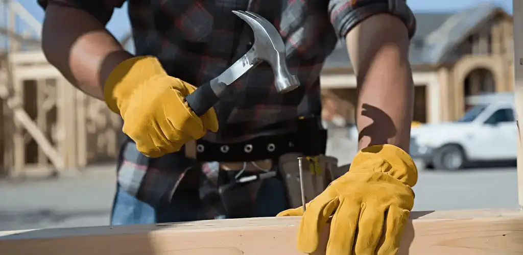 Handyman fixing wood trim with a hammer for home repairs in Detroit, MI