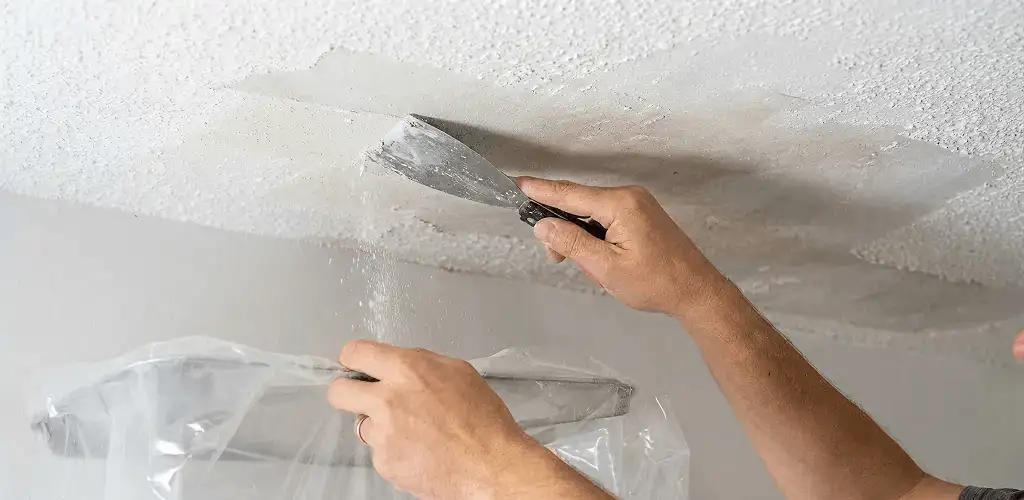 Popcorn ceiling removal technician scraping texture from a ceiling in Detroit, MI