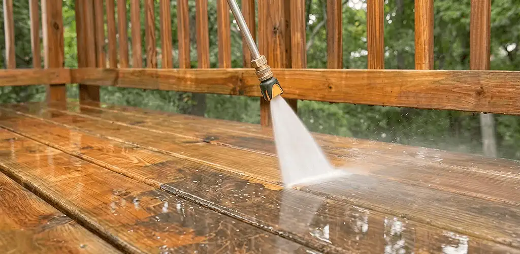 Pressure washing a wood deck to remove dirt and buildup in Detroit, MI