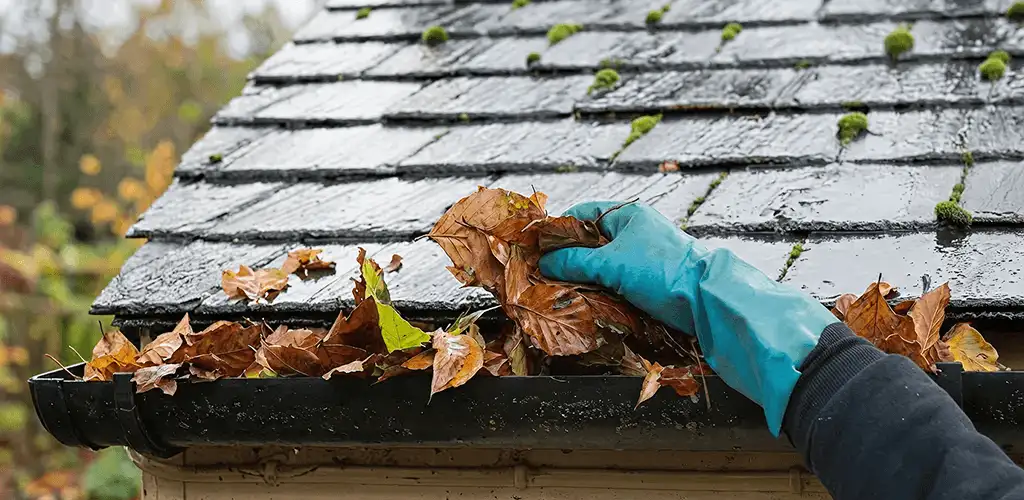 Gutter cleaning technician clearing wet leaves from roof gutters in Detroit, MI