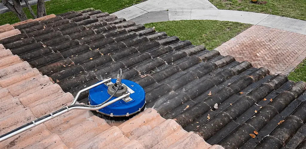 Roof pressure cleaning removing debris and buildup from roof tiles in Detroit, MI