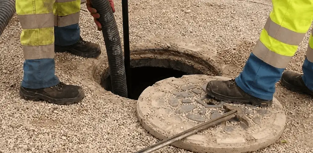 Drain cleaning crew clearing a sewer access point with professional equipment in Detroit, MI