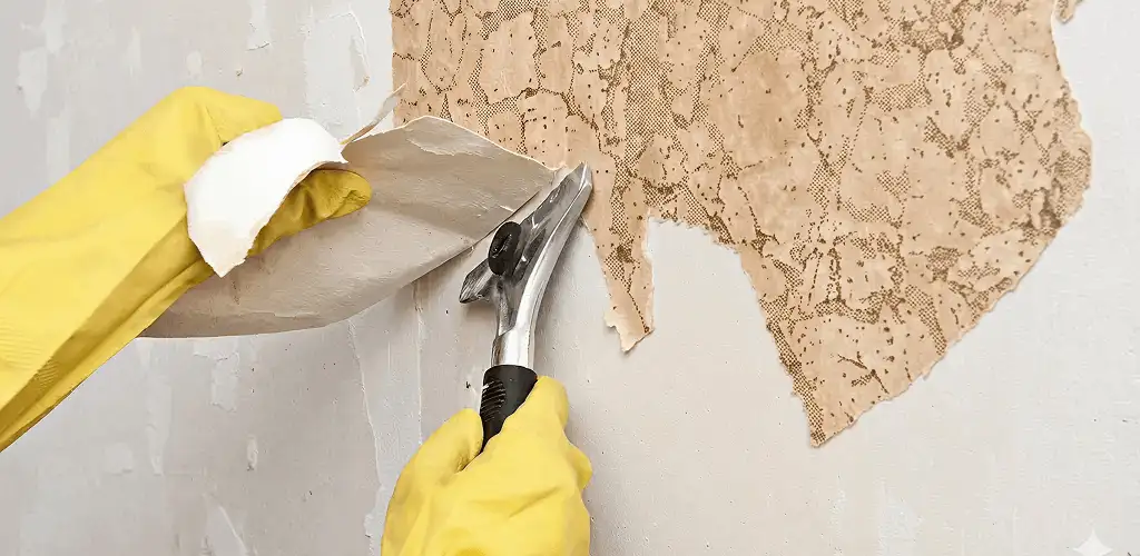 Wallpaper removal service stripping old wallpaper from a wall in Detroit, MI