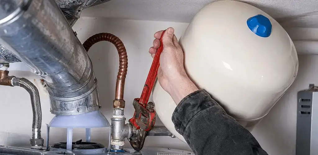 Water heater repair technician tightening plumbing connections near a tank unit in Detroit, MI